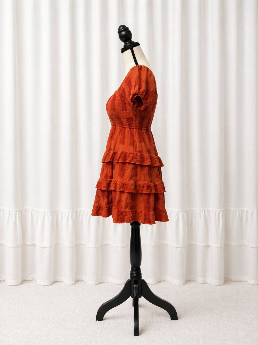 Altar’d State Rust Smocked Mini Dress Puff Sleeve Tiered Ruffle Boho Cottagecore
